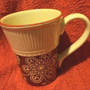 Pier 1 "MARIBETH" Coffee Tea Cup Mug Rustic Red & Cream Ironstone Floral Pattern